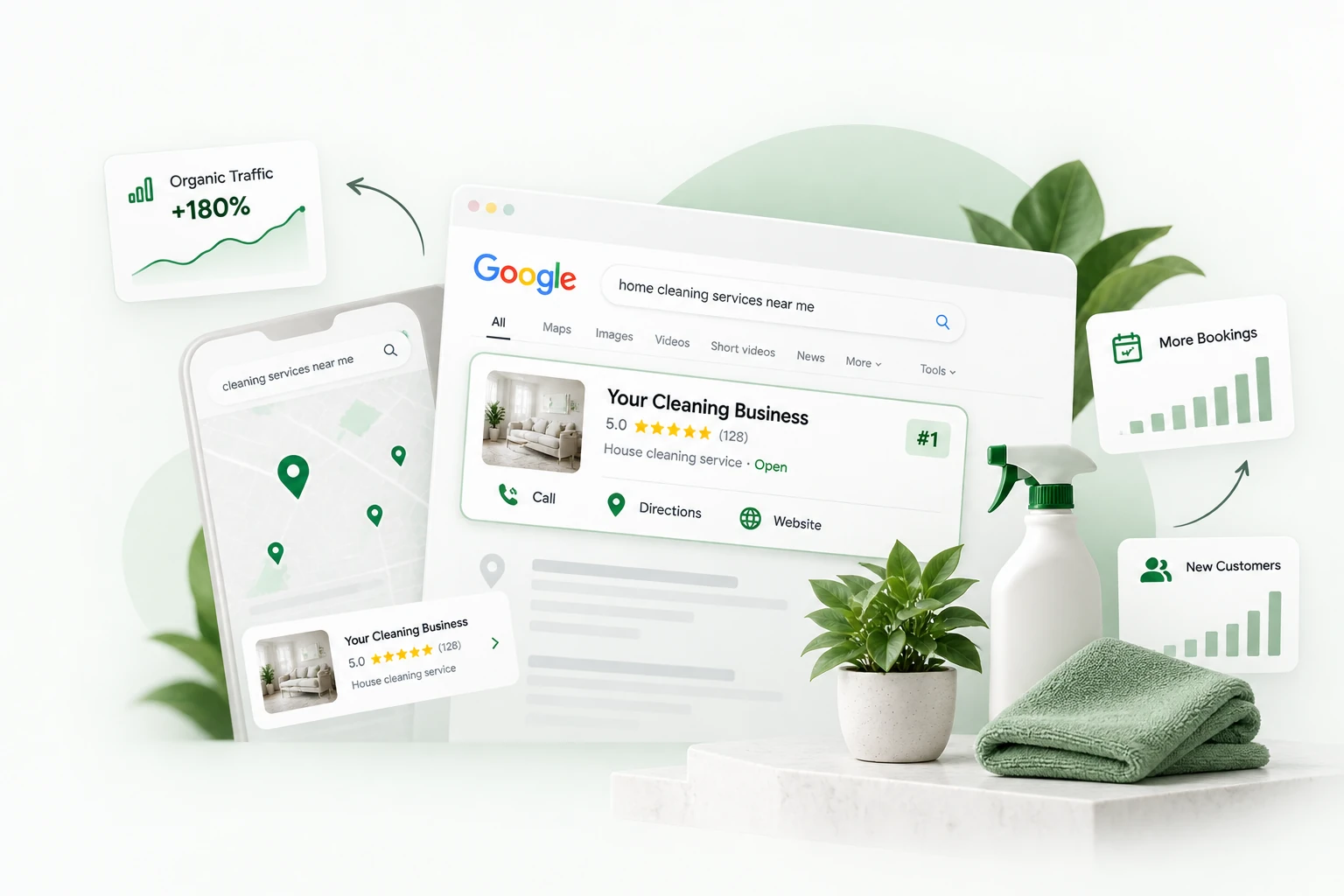 Cleaning supplies beside a local search listing, with map pins and illustrations of visibility and bookings.