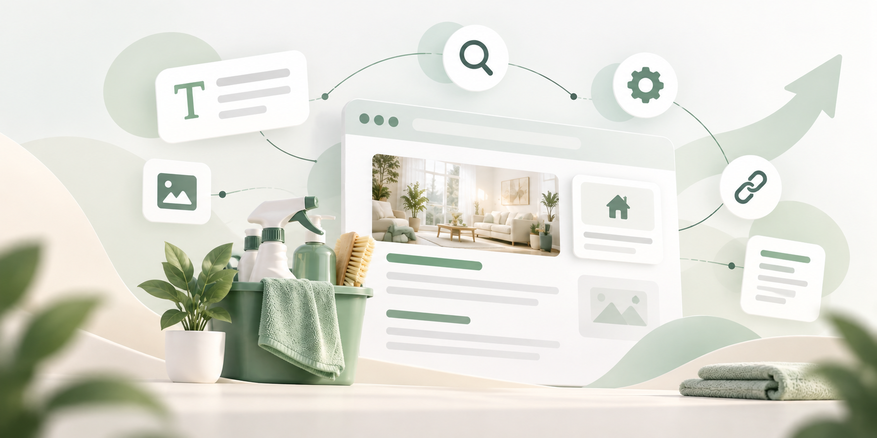 Illustration of a home cleaning website with search and page optimization elements