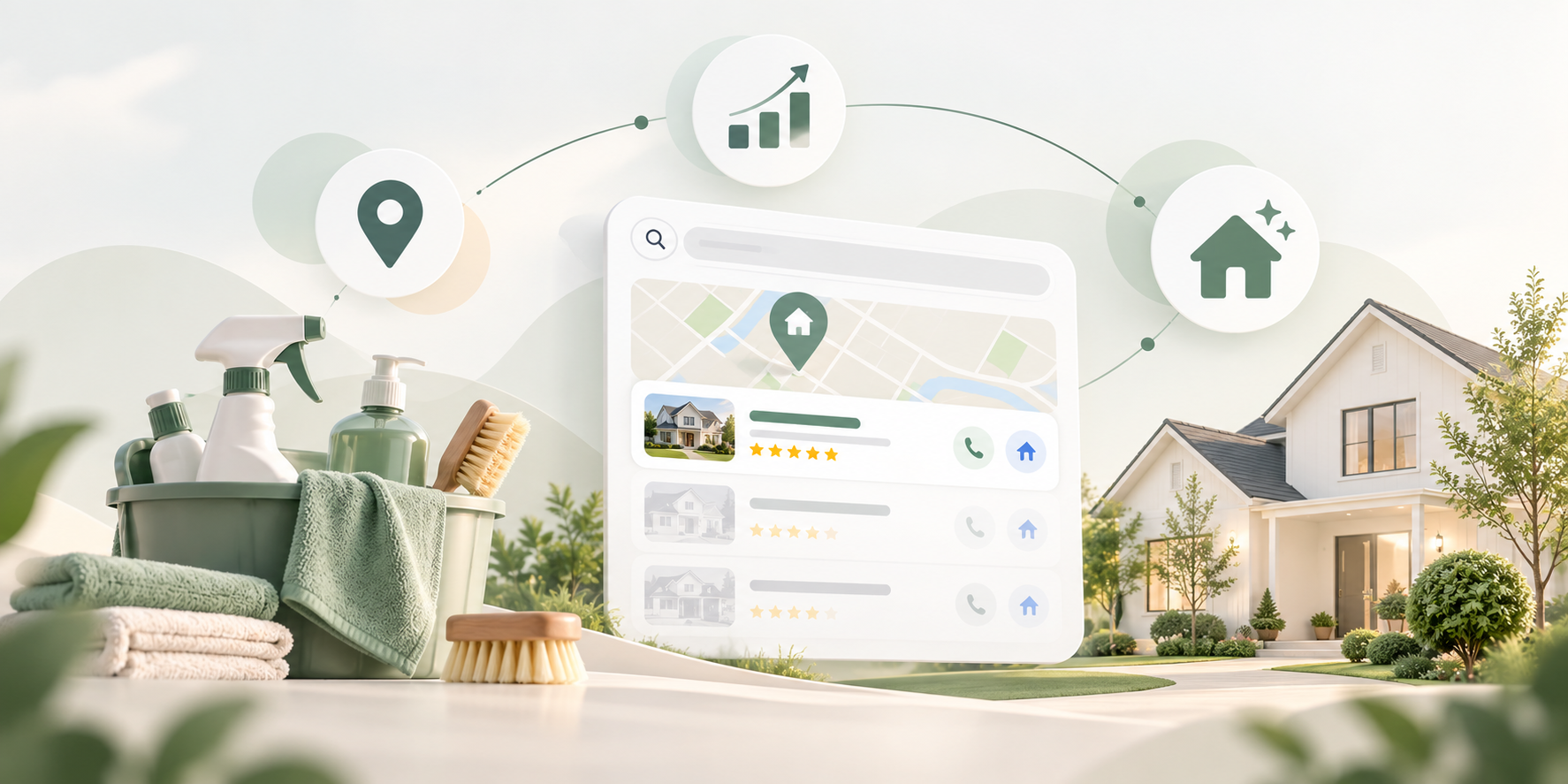 Illustration of local search visibility, home cleaning services, and nearby customers