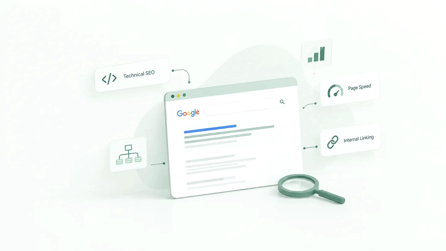 Technical SEO illustration showing website crawling, indexing, performance, and structure